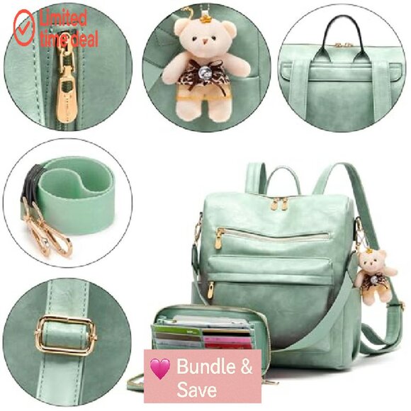 Women's PU Leather Backpack Purse Set with Wallet, 2-Piece Multi-Use Bag - Picture 3 of 7